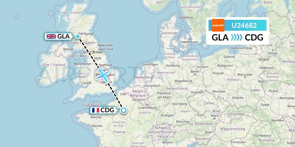 U24682 EasyJet Flight Map: Glasgow to Paris