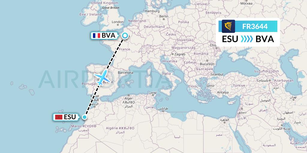 FR3644 Ryanair Flight Map: Essaouira to Paris