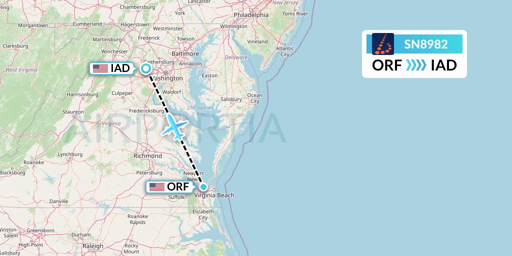 SN8982 Brussels Airlines Flight Map: Norfolk to Washington