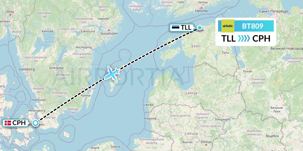 BT809 Air Baltic Flight Map: Tallinn to Copenhagen