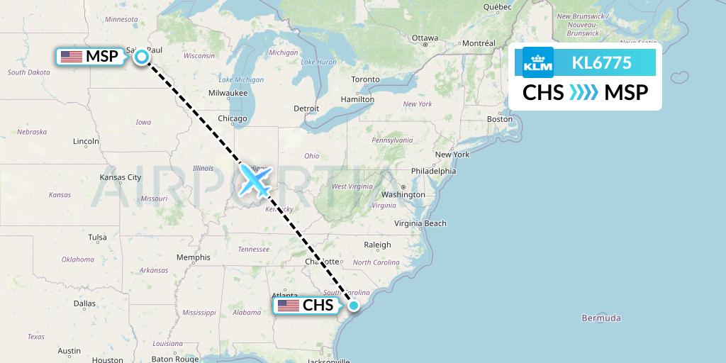 KL6775 KLM Flight Map: Charleston to Minneapolis