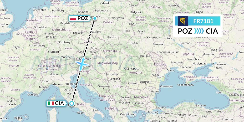 FR7181 Ryanair Flight Map: Poznan to Rome