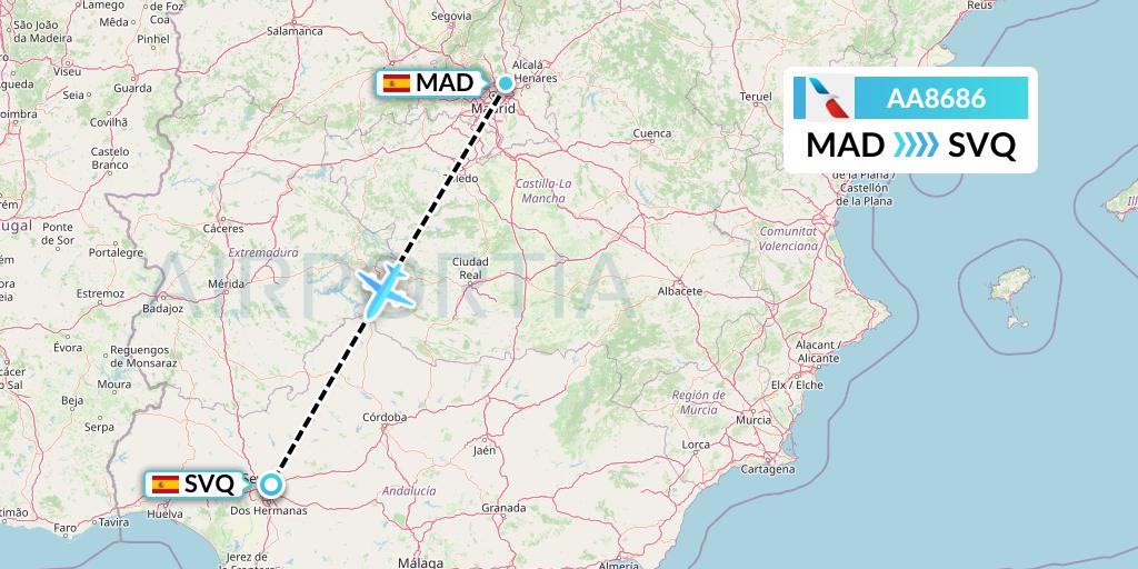 AA8686 American Airlines Flight Map: Madrid to Seville