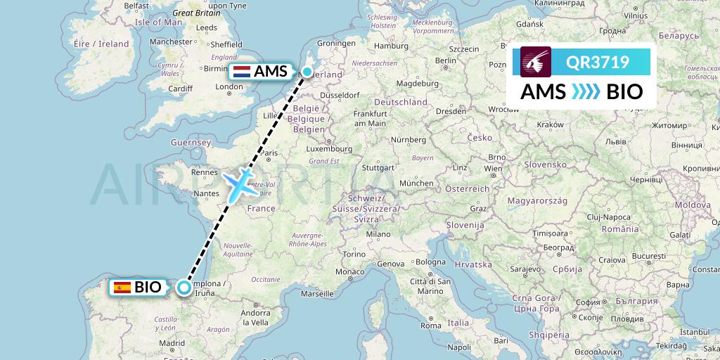 QR3719 Qatar Airways Flight Map: Amsterdam to Bilbao