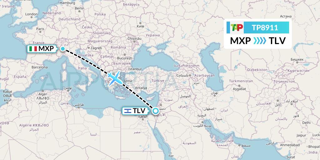 TP8911 TAP Portugal Flight Map: Milan to Tel Aviv