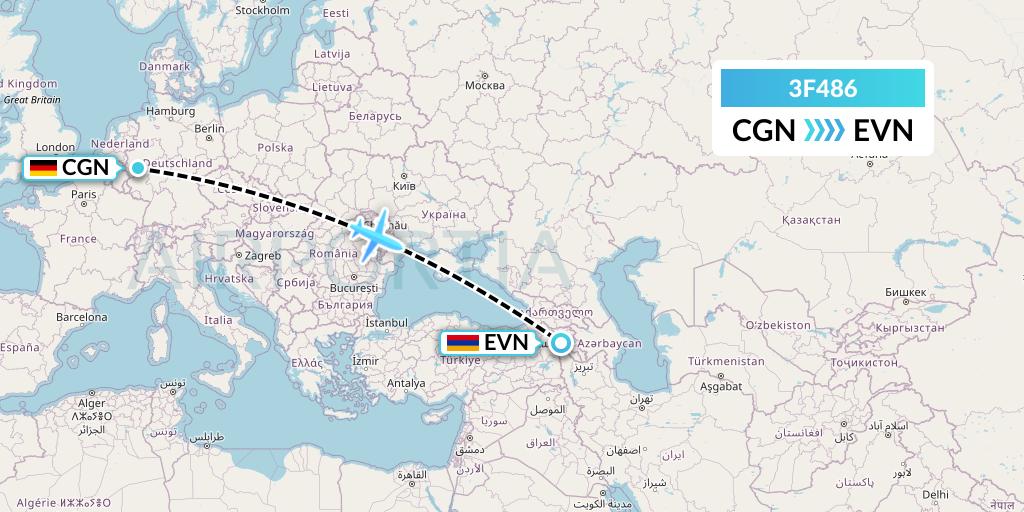 3F486 Flyone Armenia Flight Map: Cologne to Yerevan