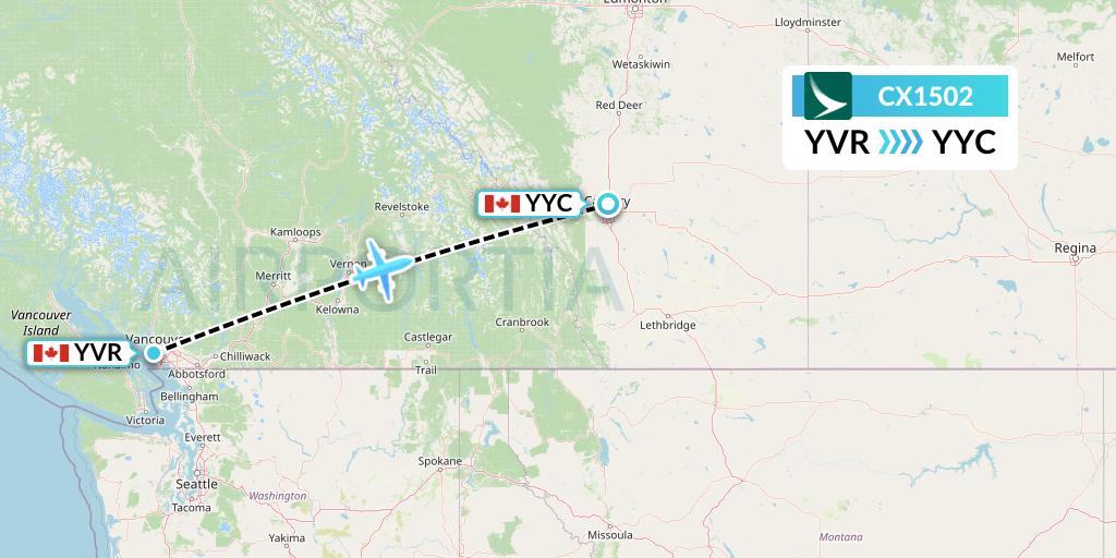 CX1502 Cathay Pacific Flight Map: Vancouver to Calgary