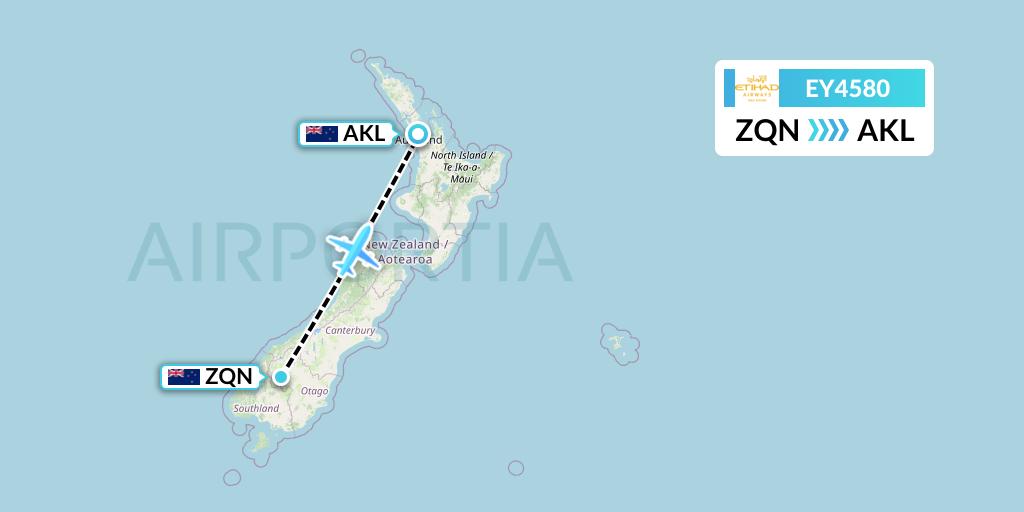 EY4580 Etihad Airways Flight Map: Queenstown to Auckland