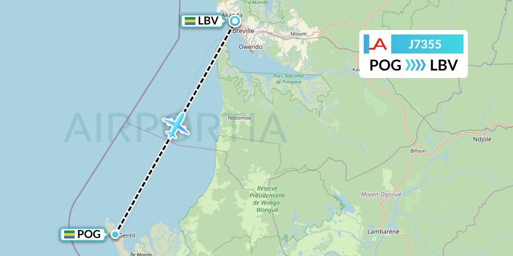 J7355 Afrijet Business Services Flight Map: Port Gentil to Libreville