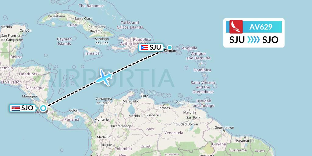 AV629 Avianca Flight Map: San Juan to San Jose