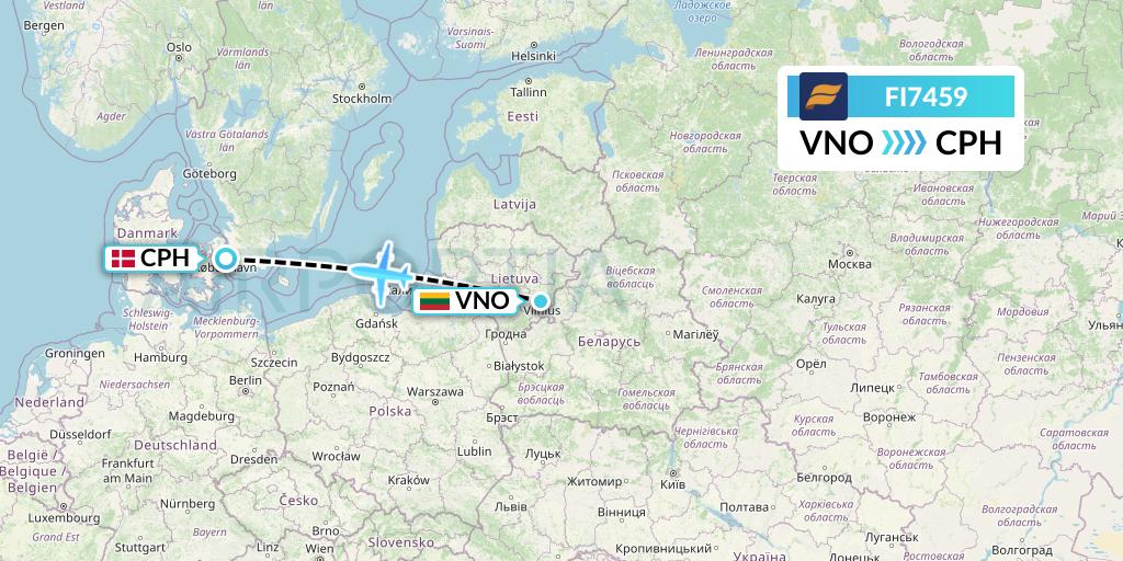 FI7459 Icelandair Flight Map: Vilnius to Copenhagen