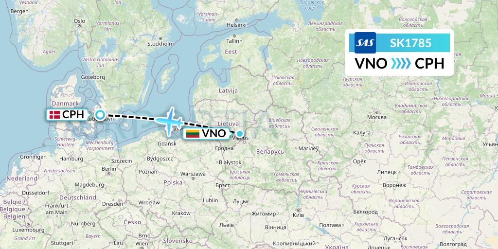 SK1785 SAS Flight Map: Vilnius to Copenhagen