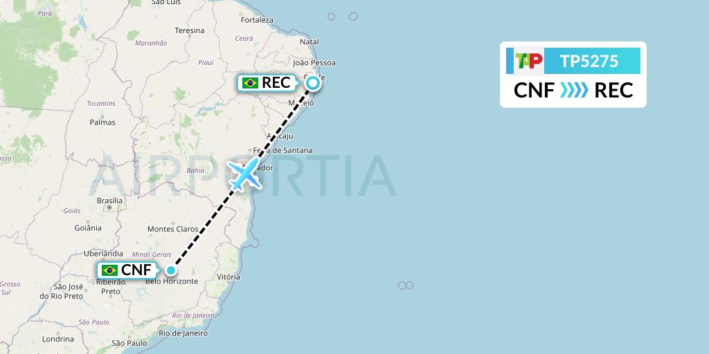 TP5275 TAP Portugal Flight Map: Belo Horizonte to Recife