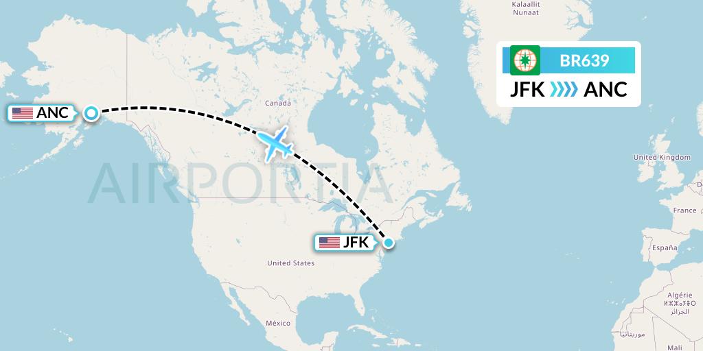 BR639 EVA Air Flight Map: New York to Anchorage