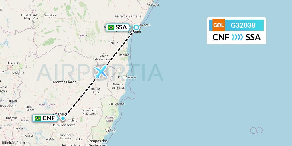 G32038 GOL Transportes Aeros Flight Map: Belo Horizonte to Salvador