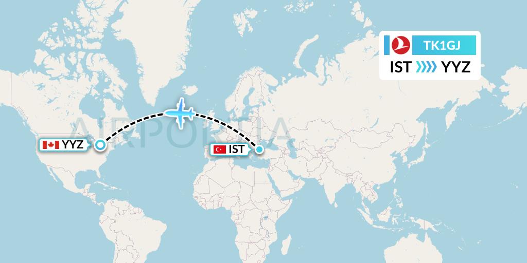 TK1GJ Turkish Airlines Flight Map: Istanbul to Toronto