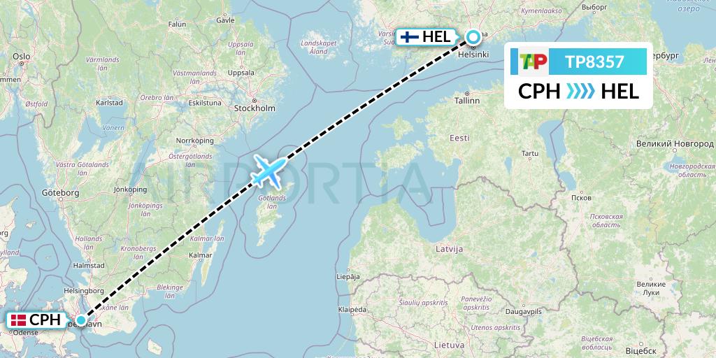 TP8357 TAP Portugal Flight Map: Copenhagen to Helsinki