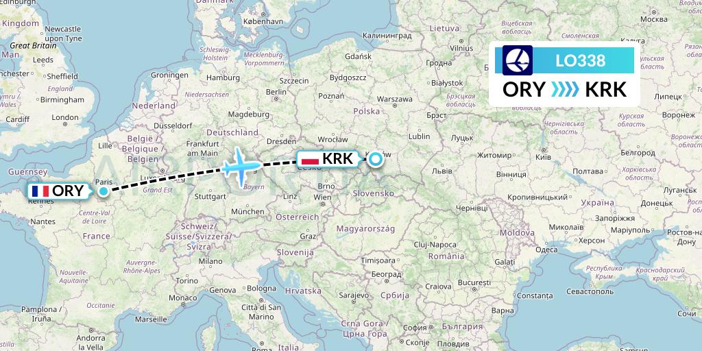 LO338 LOT Flight Map: Paris to Krakow
