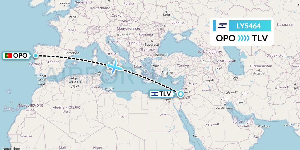 LY5464 El Al Flight Map: Porto to Tel Aviv