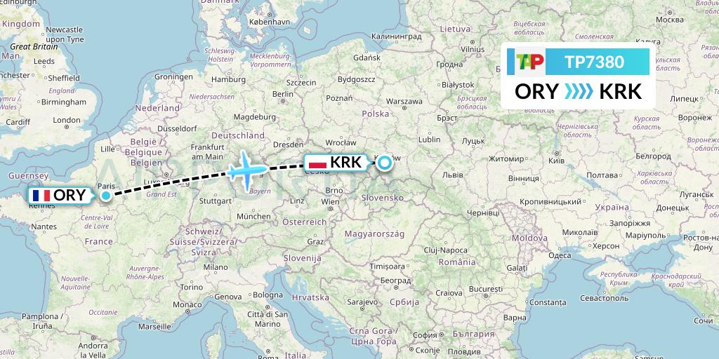 TP7380 TAP Portugal Flight Map: Paris to Krakow