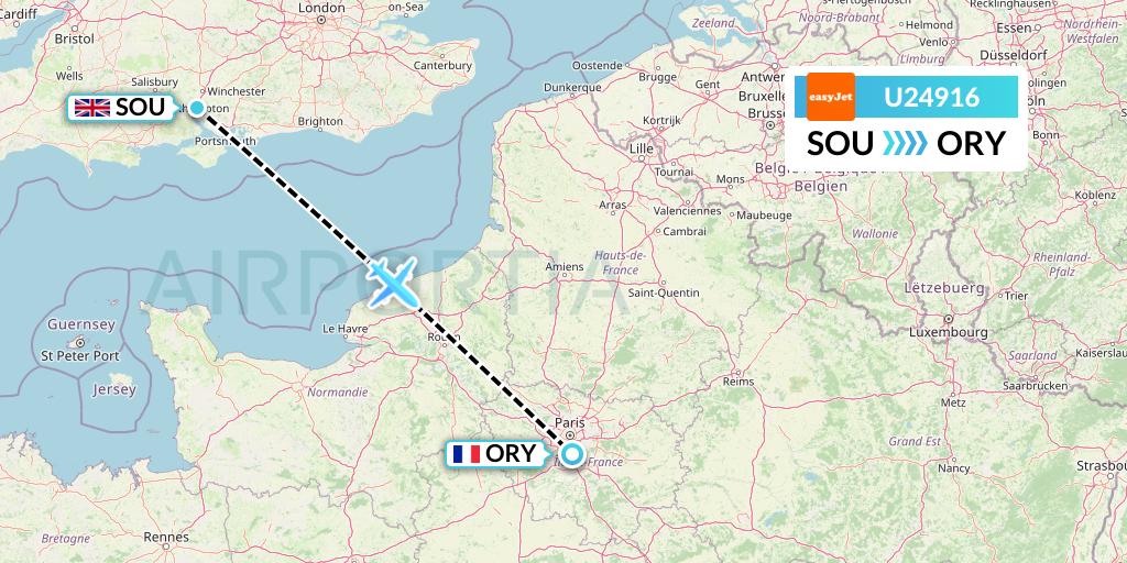 U24916 EasyJet Flight Map: Southampton to Paris