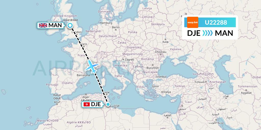 U22288 EasyJet Flight Map: Djerba to Manchester