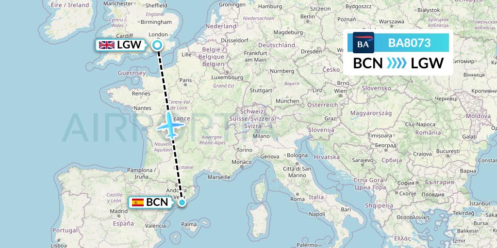 BA8073 British Airways Flight Map: Barcelona to London