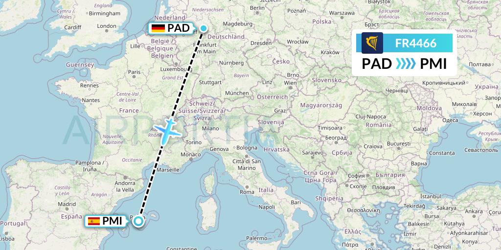FR4466 Ryanair Flight Map: Paderborn to Palma de Mallorca