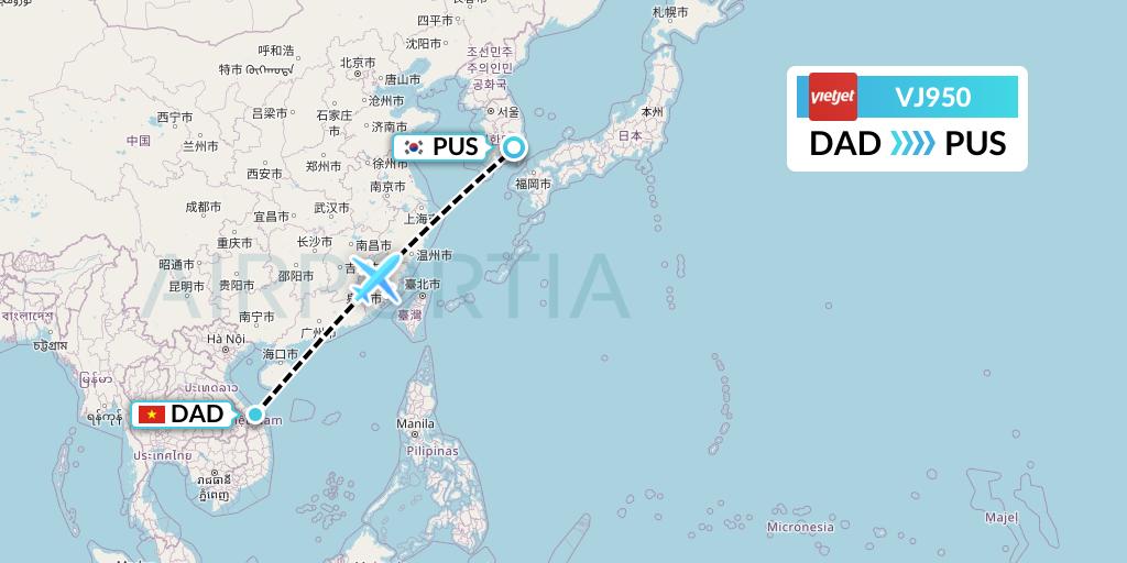 VJ950 VietJet Air Flight Map: Da Nang to Busan