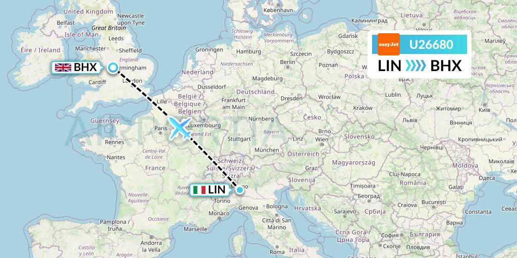 U26680 EasyJet Flight Map: Milan to Birmingham