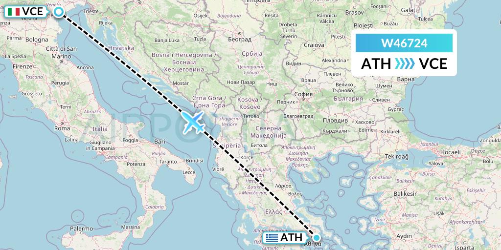 W46724 Wizz Air Malta Flight Map: Athens to Venice