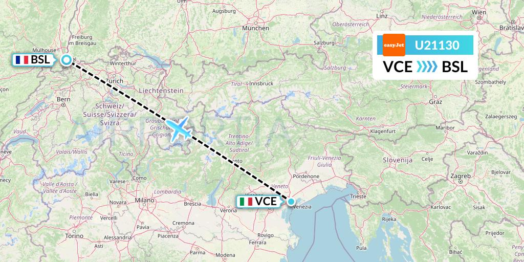 U21130 EasyJet Flight Map: Venice to Basel