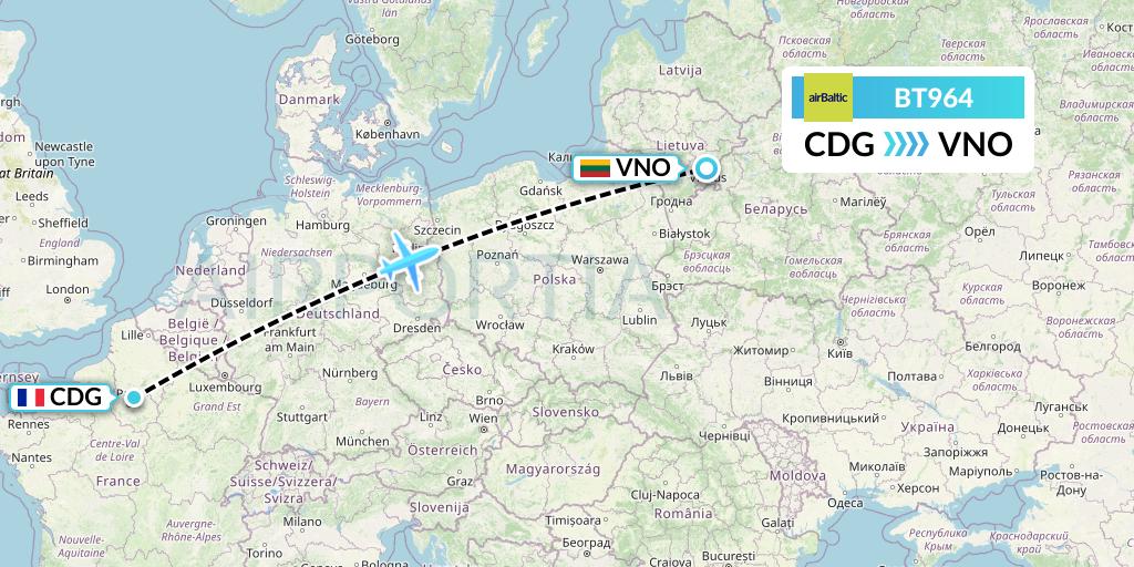 BT964 Air Baltic Flight Map: Paris to Vilnius