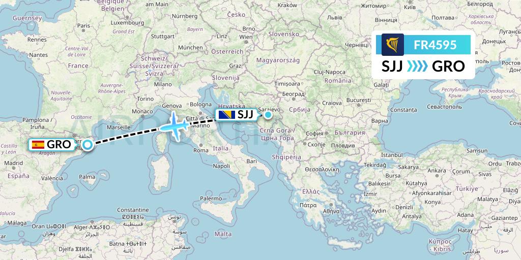 FR4595 Ryanair Flight Map: Sarajevo to Girona
