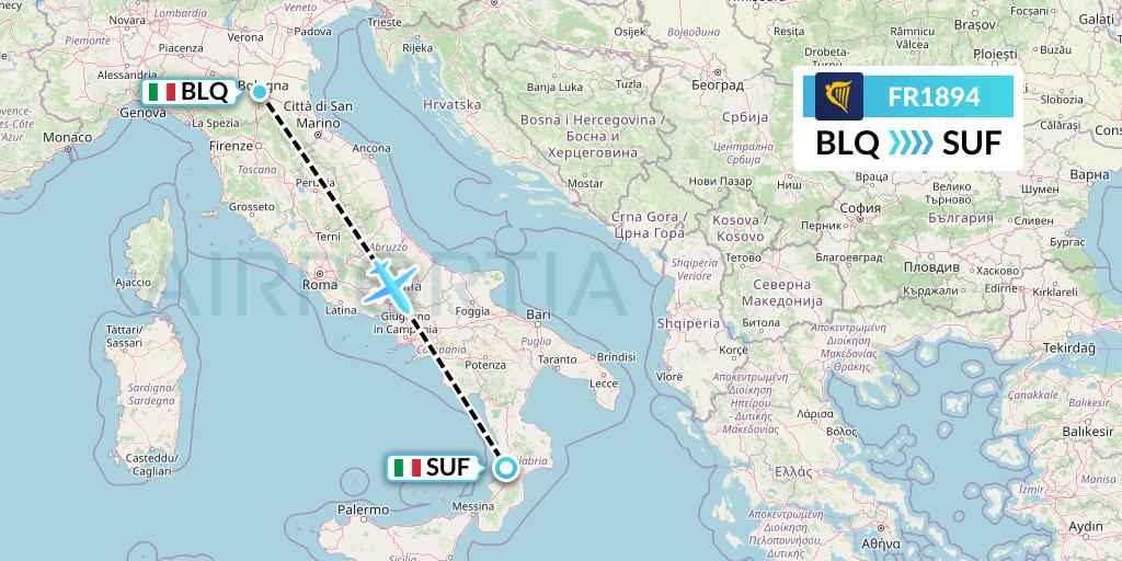 FR1894 Ryanair Flight Map: Bologna to Lamezia Terme