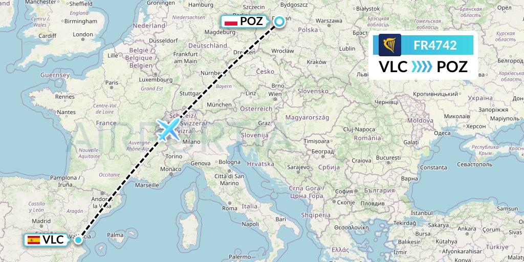 FR4742 Ryanair Flight Map: Valencia to Poznan