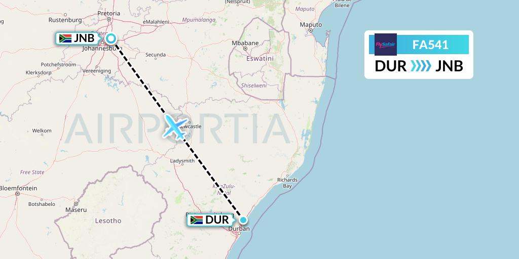 FA541 Safair Flight Map: Durban to Johannesburg