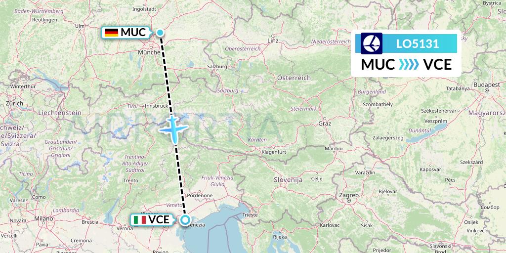 LO5131 LOT Flight Map: Munich to Venice