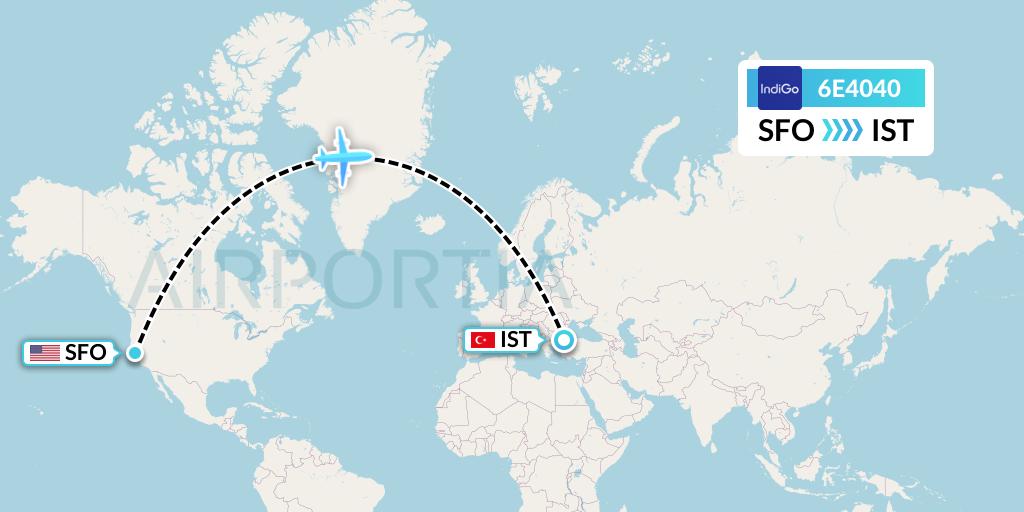 6E4040 IndiGo Airlines Flight Map: San Francisco to Istanbul