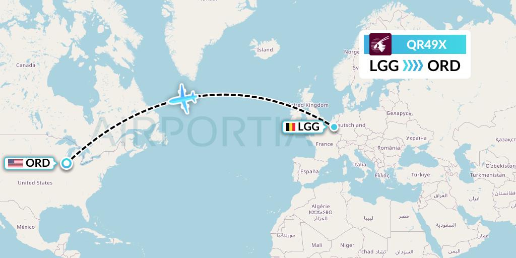 QR49X Qatar Airways Flight Map: Liege to Chicago