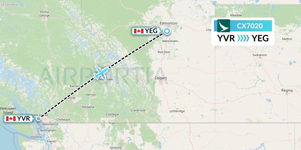 CX7020 Cathay Pacific Flight Map: Vancouver to Edmonton