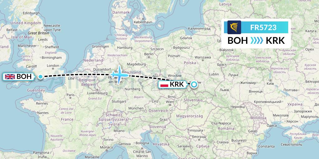 FR5723 Ryanair Flight Map: Bournemouth to Krakow