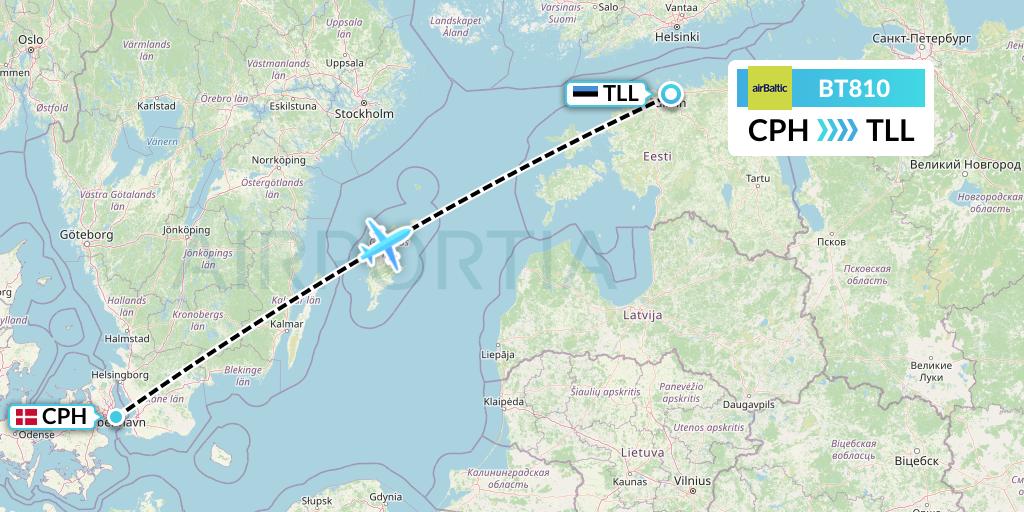 BT810 Air Baltic Flight Map: Copenhagen to Tallinn