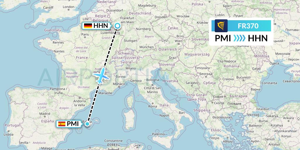 FR370 Ryanair Flight Map: Palma de Mallorca to Hahn