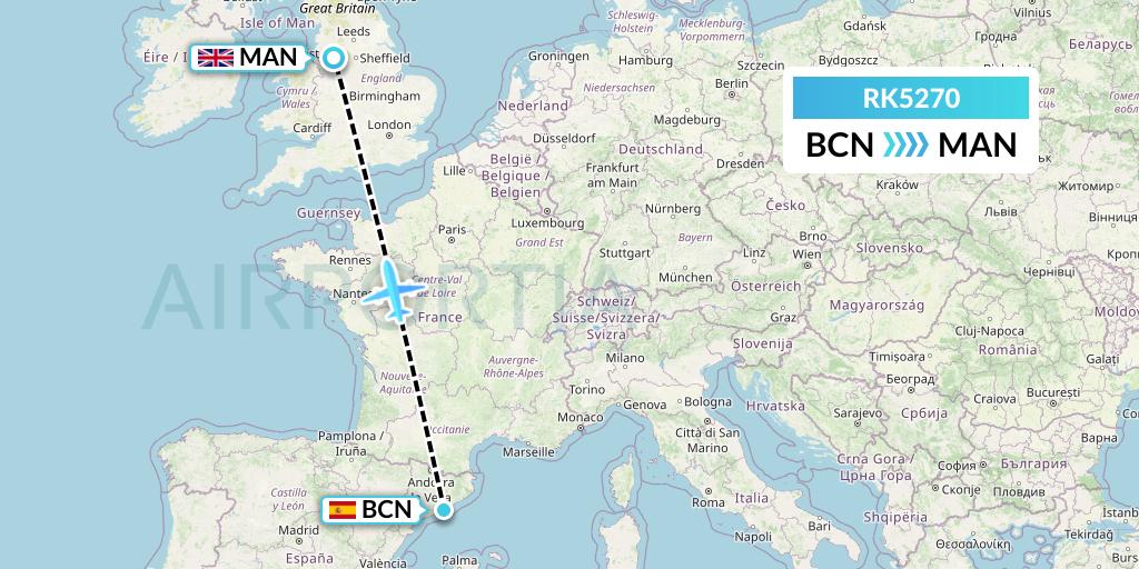 RK5270 Ryanair UK Flight Map: Barcelona to Manchester