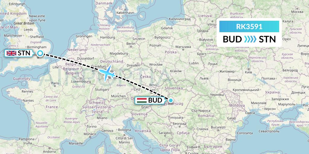 RK3591 Ryanair UK Flight Map: Budapest to London