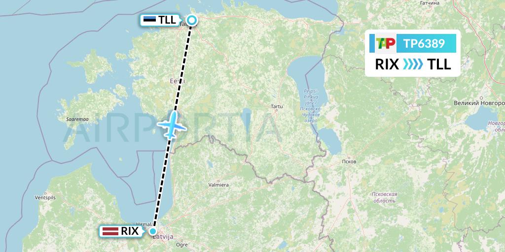 TP6389 TAP Portugal Flight Map: Riga to Tallinn