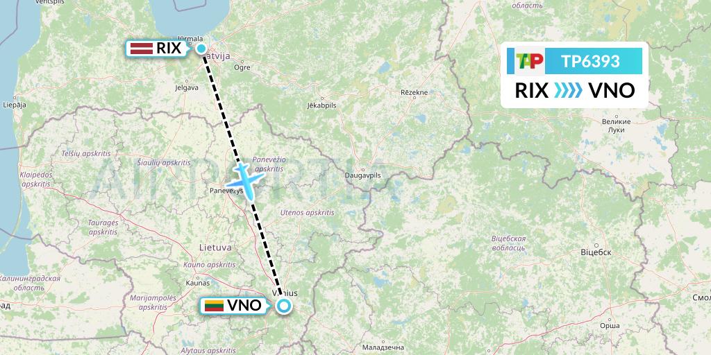 TP6393 TAP Portugal Flight Map: Riga to Vilnius