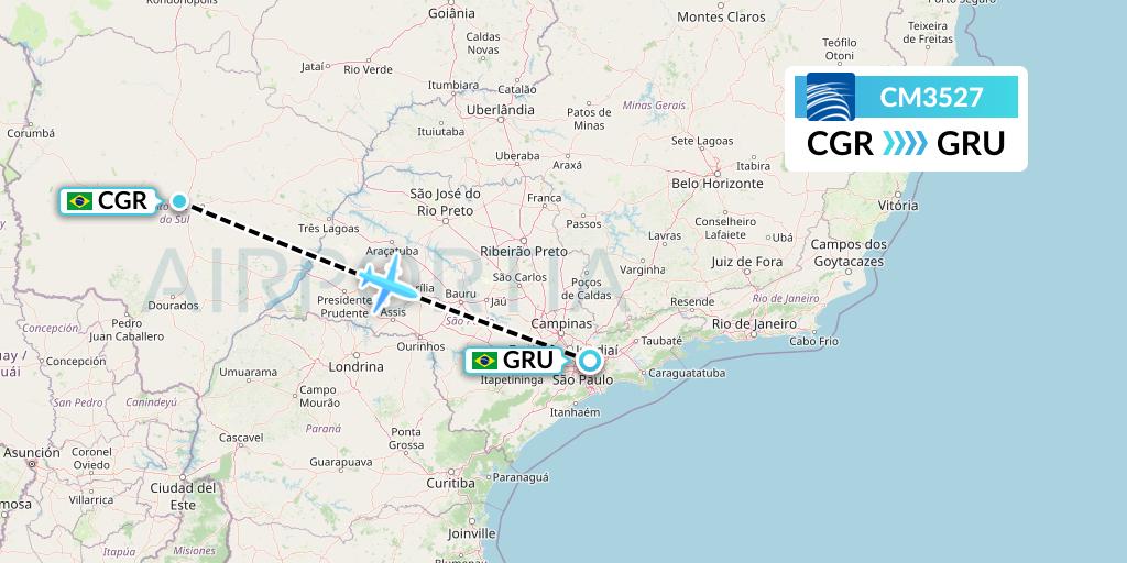 CM3527 Copa Airlines Flight Map: Campo Grande to Sao Paulo