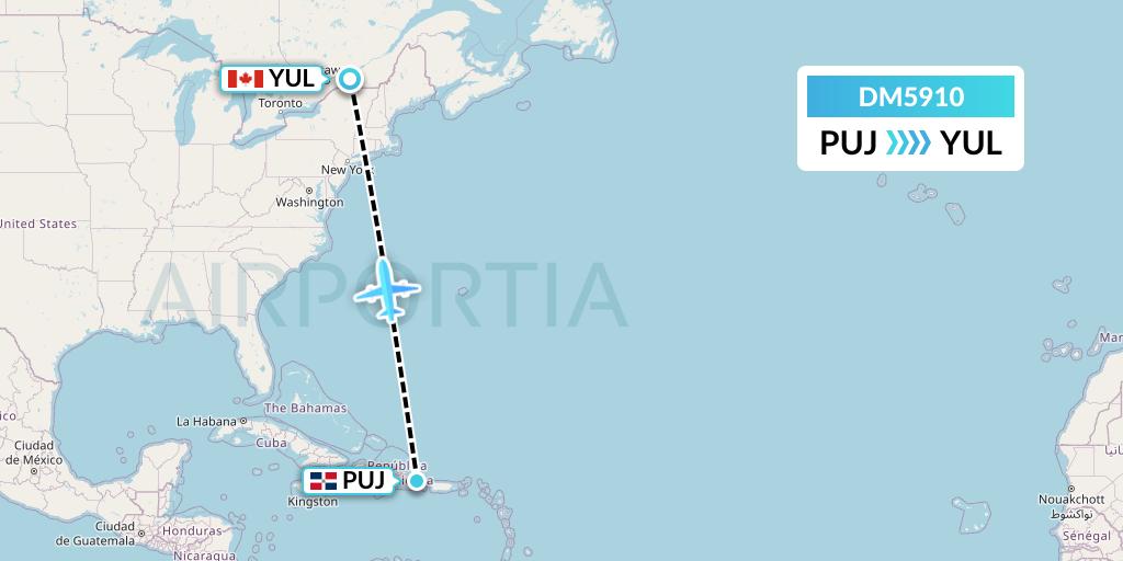 DM5910 Arajet Flight Map: Punta Cana to Montreal